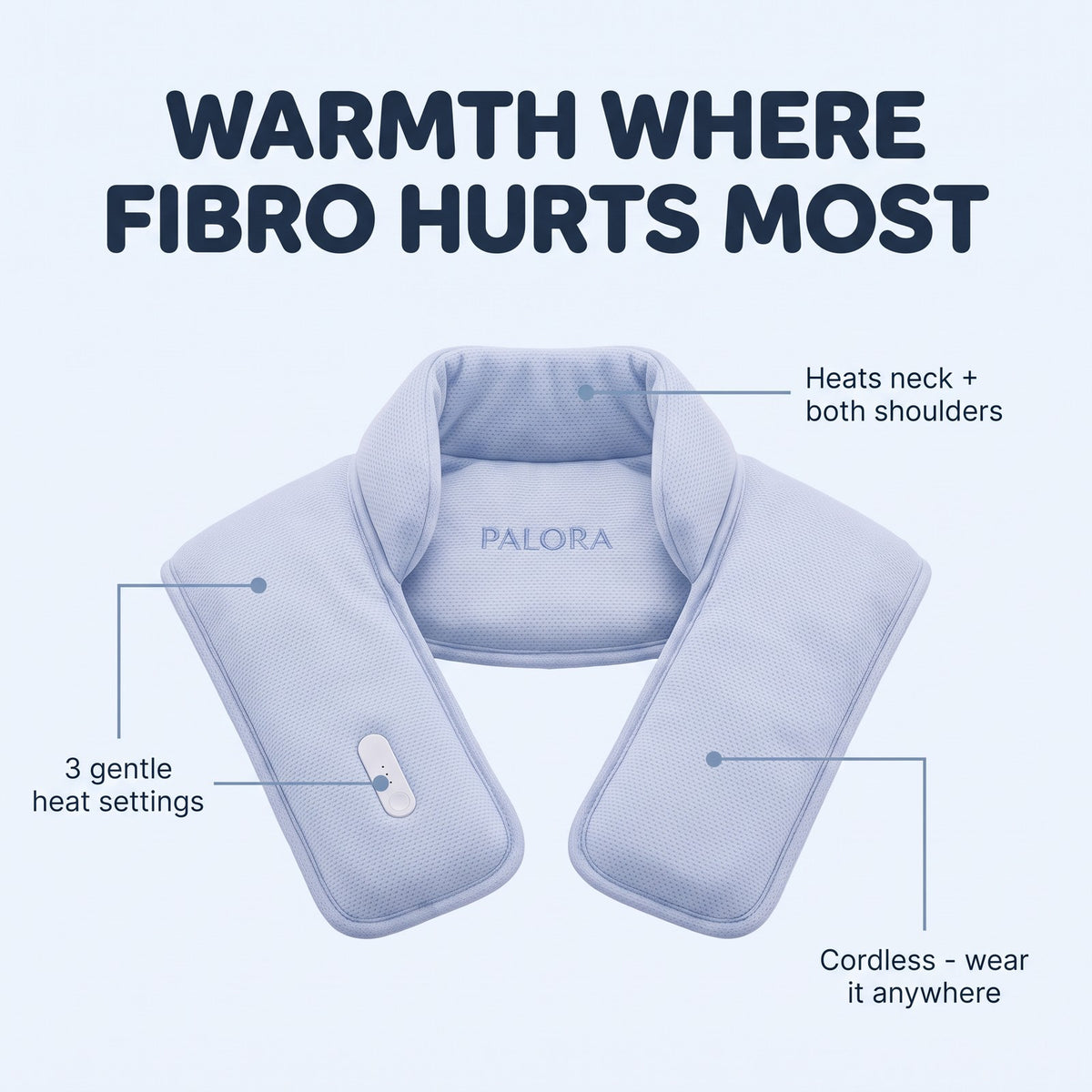 Heats the neck and both shoulders, 3 heat settings, cordless