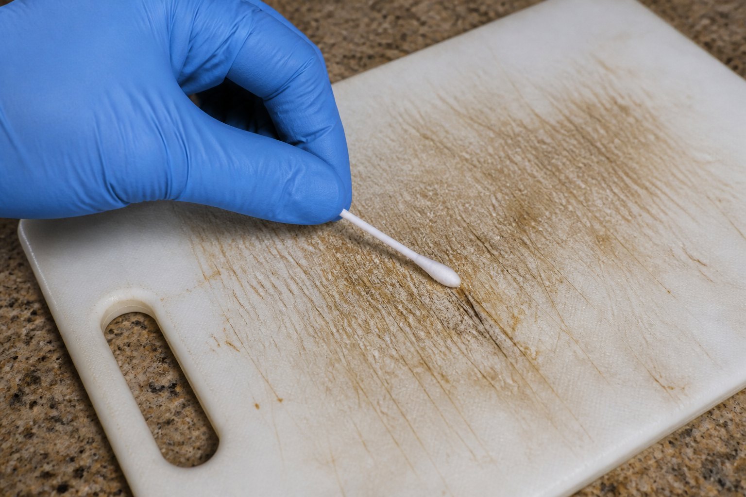 Swabbing the knife grooves of a plastic cutting board