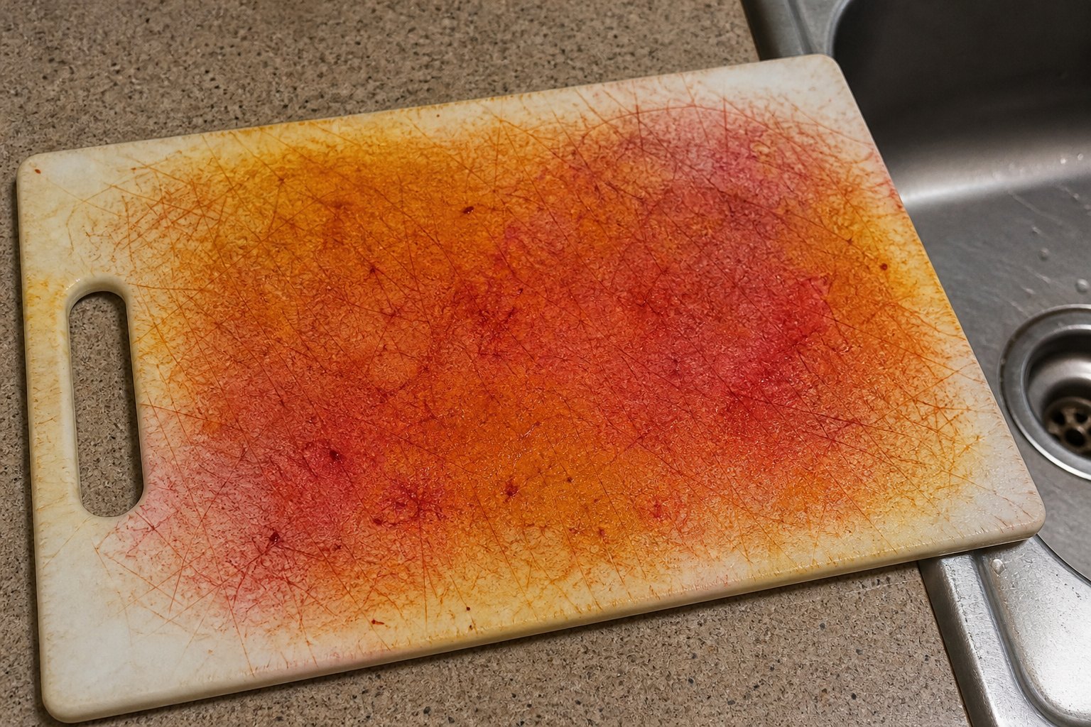 Plastic cutting board stained by turmeric and beets
