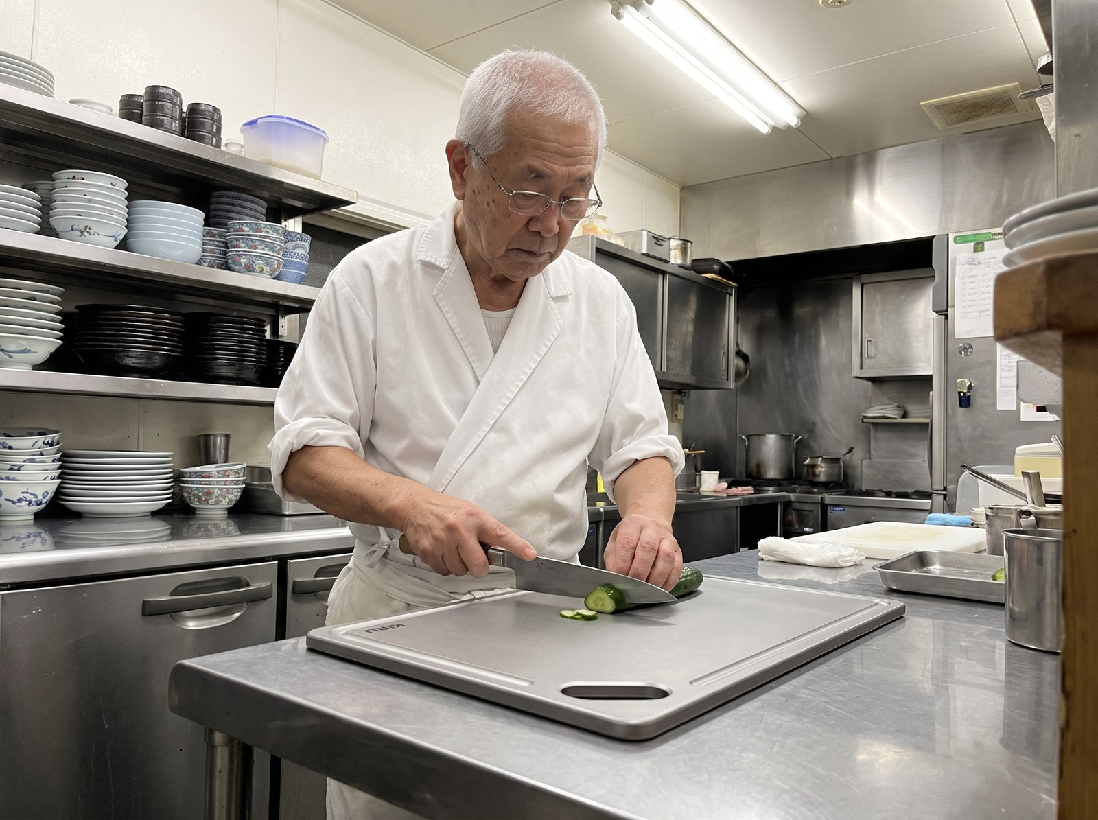 Chef Morita slicing cucumber on his titanium cutting board