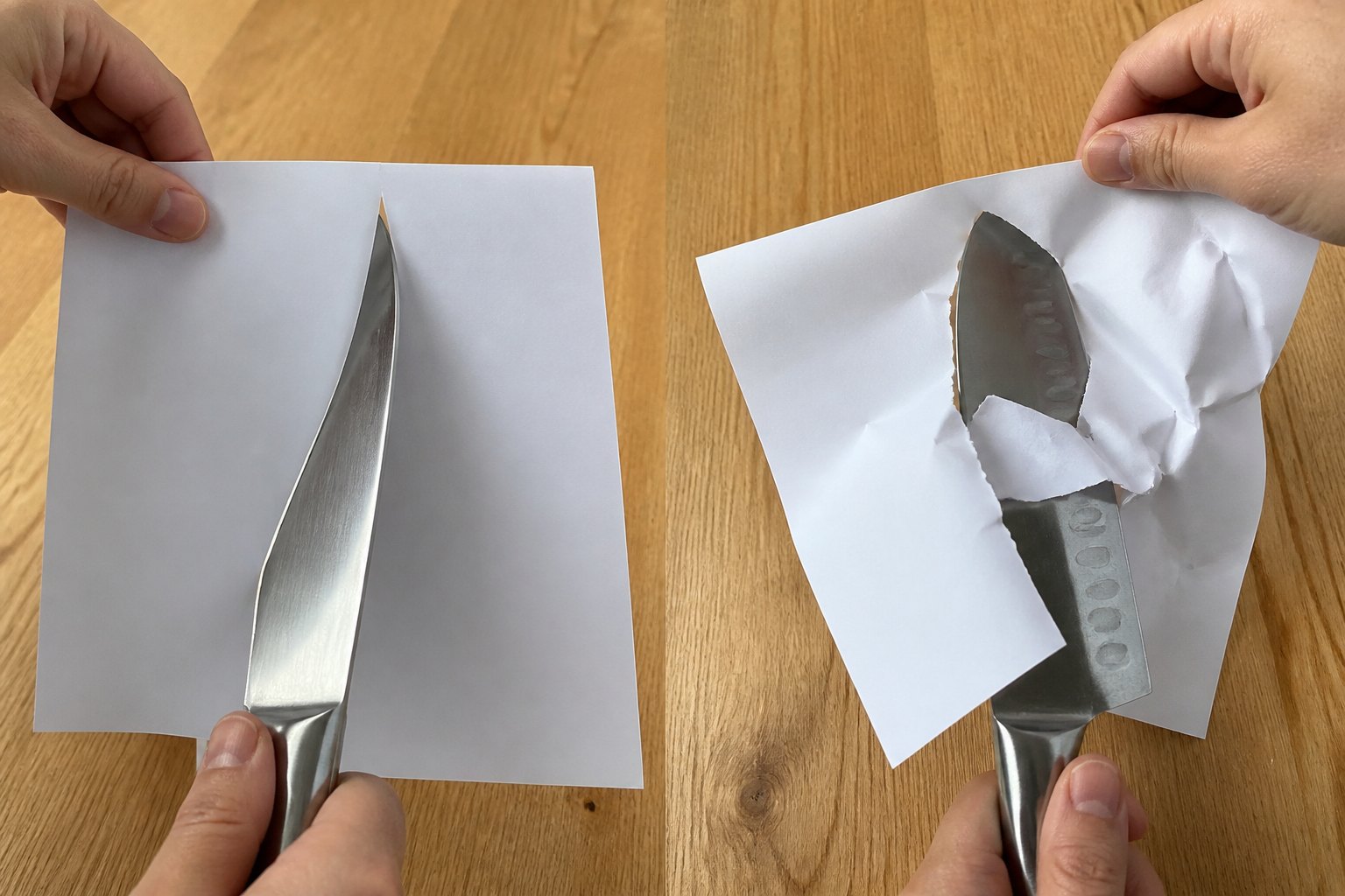 Two knives drawn through paper: one slices cleanly, one tears