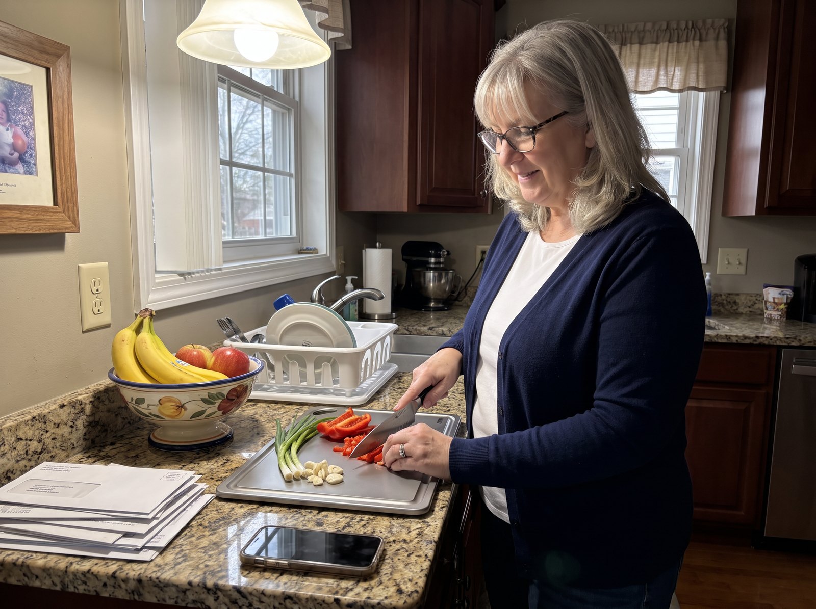 Diane chopping peppers on her titanium cutting board at home