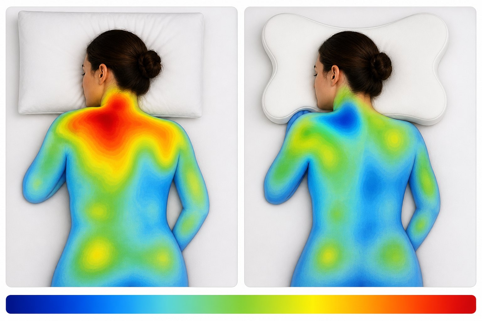 Pressure map comparison showing a side-sleeper on a flat pillow versus a butterfly cutout pillow