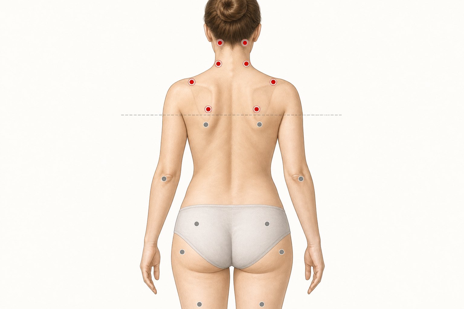 Anatomical diagram of the 18 ACR tender points on a female upper body